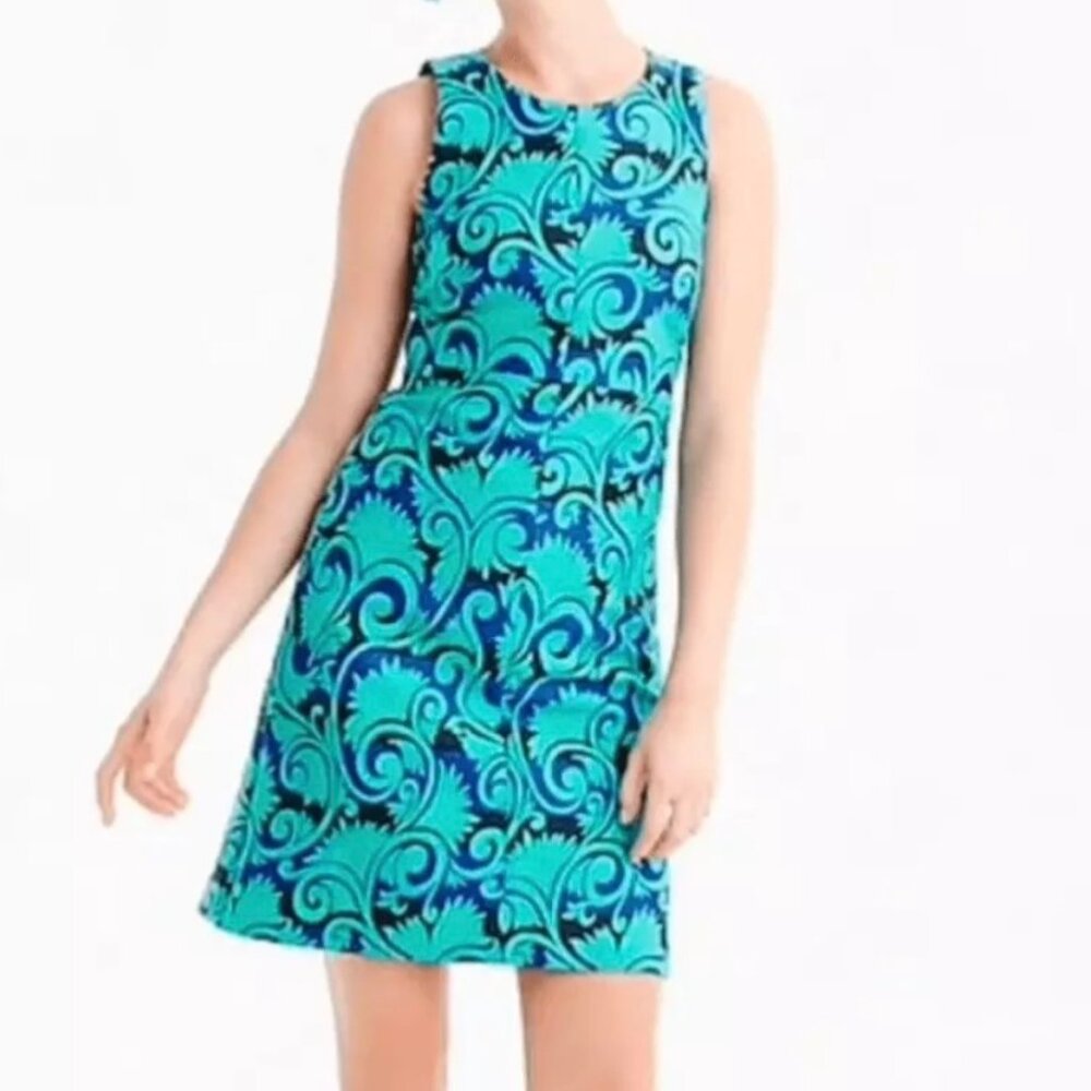 J Crew Womens Vineyard Jacquard A Line Dress Blue Green Sleeveless size 2